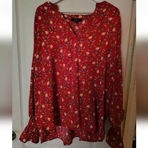 Ellos Red Floral Long Sleeve Blouse with Mandarin Collar